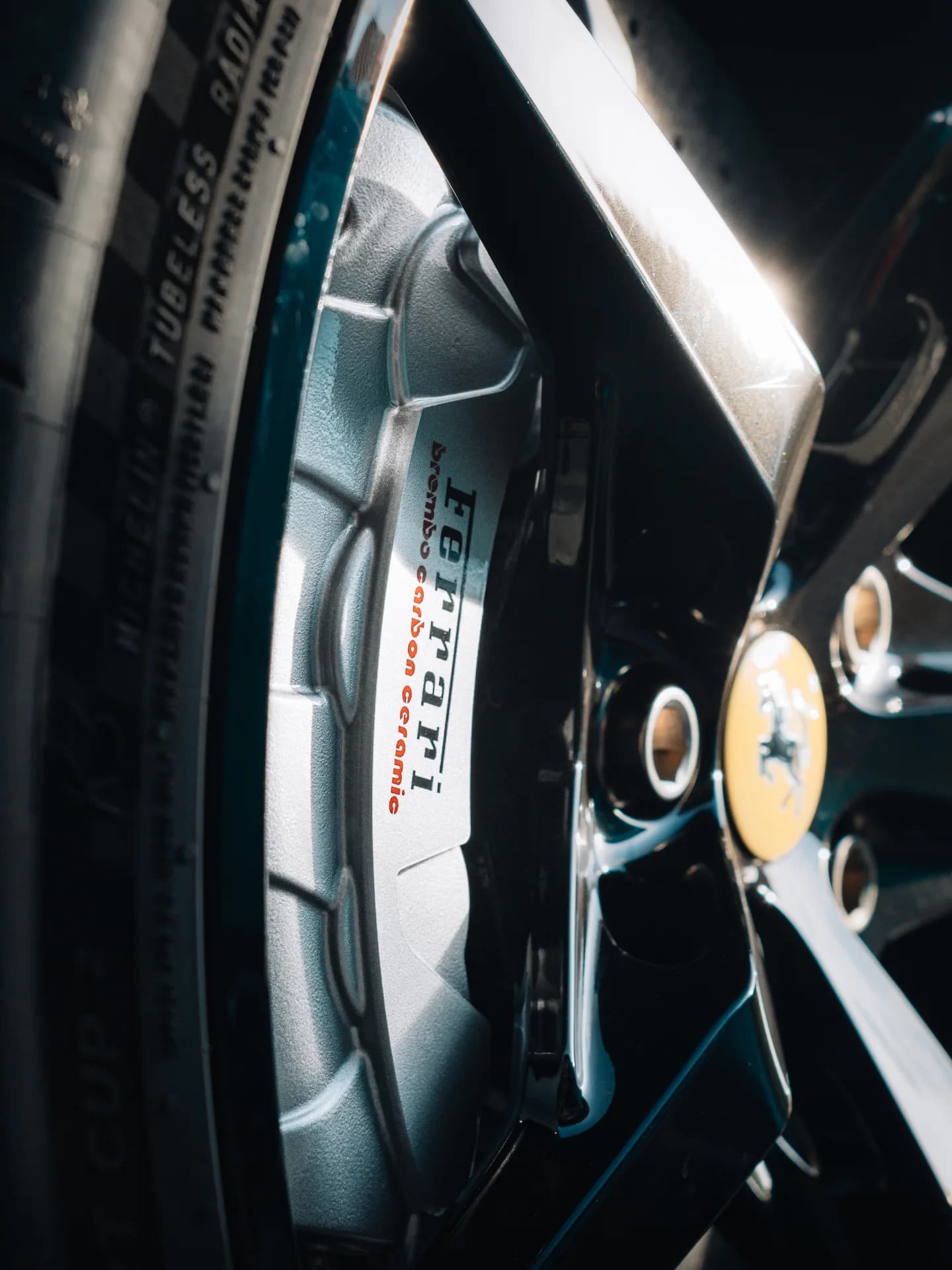 Ferrari Brembo carbon-ceramic brake caliper on Michelin Cup 2